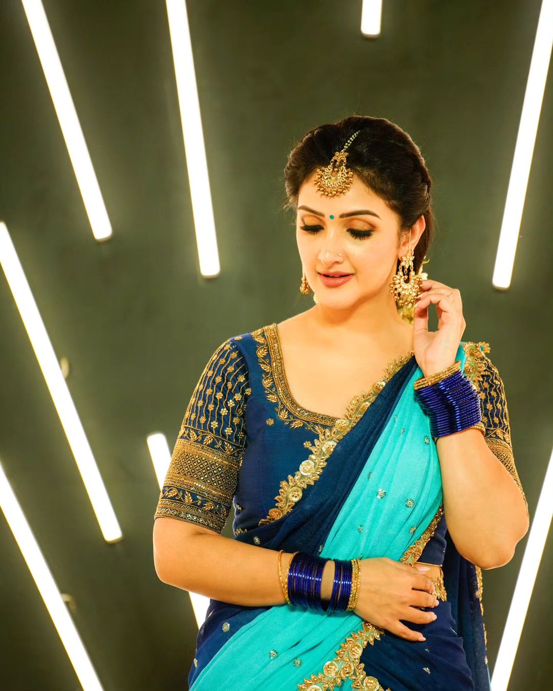 Telugu Tv Actress Sridevi Vijaykumar in Sky Blue Lehenga Choli